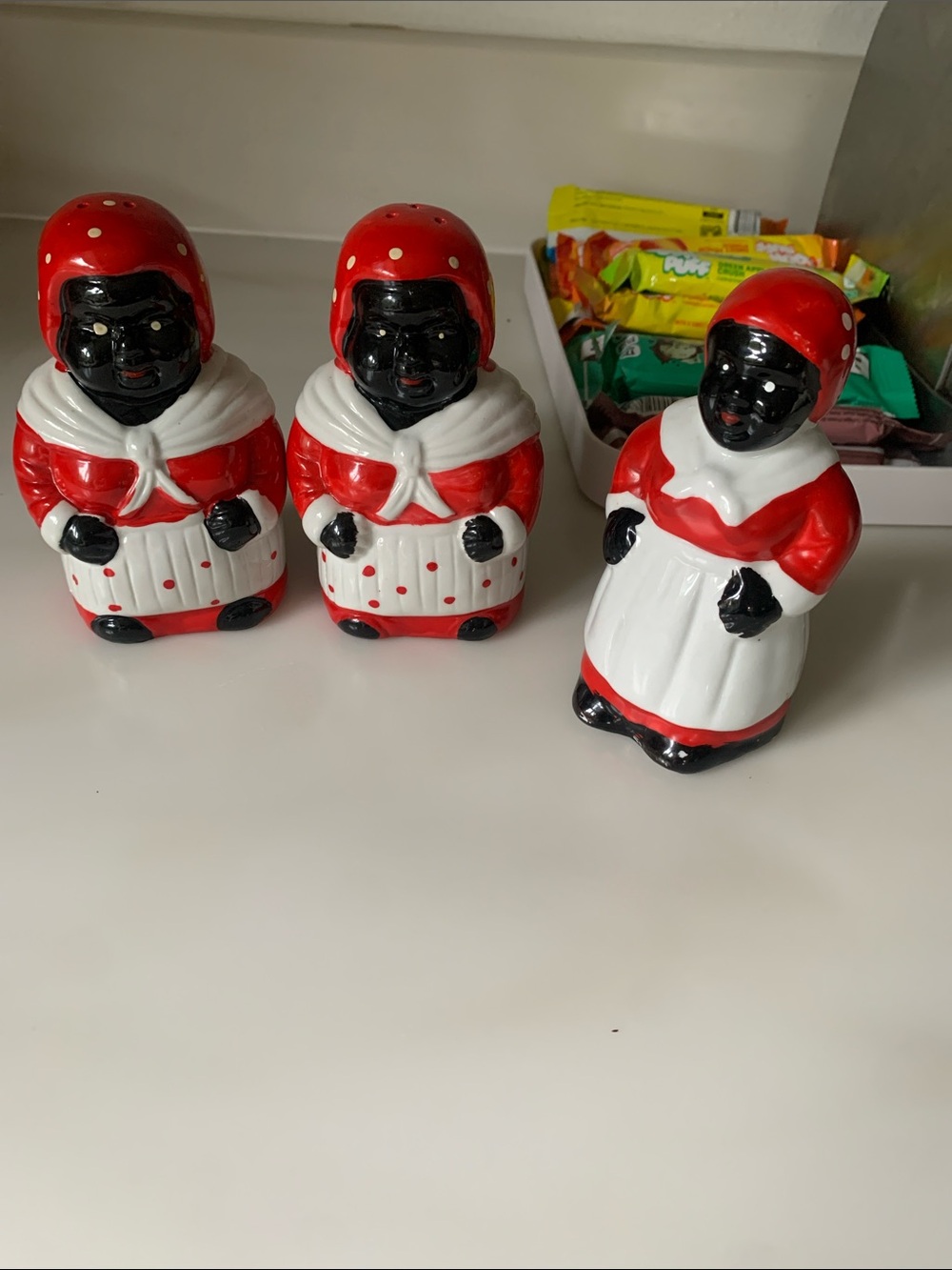 Vintage Style Red & White Ceramic Salt and Pepper Shakers and dinner bell